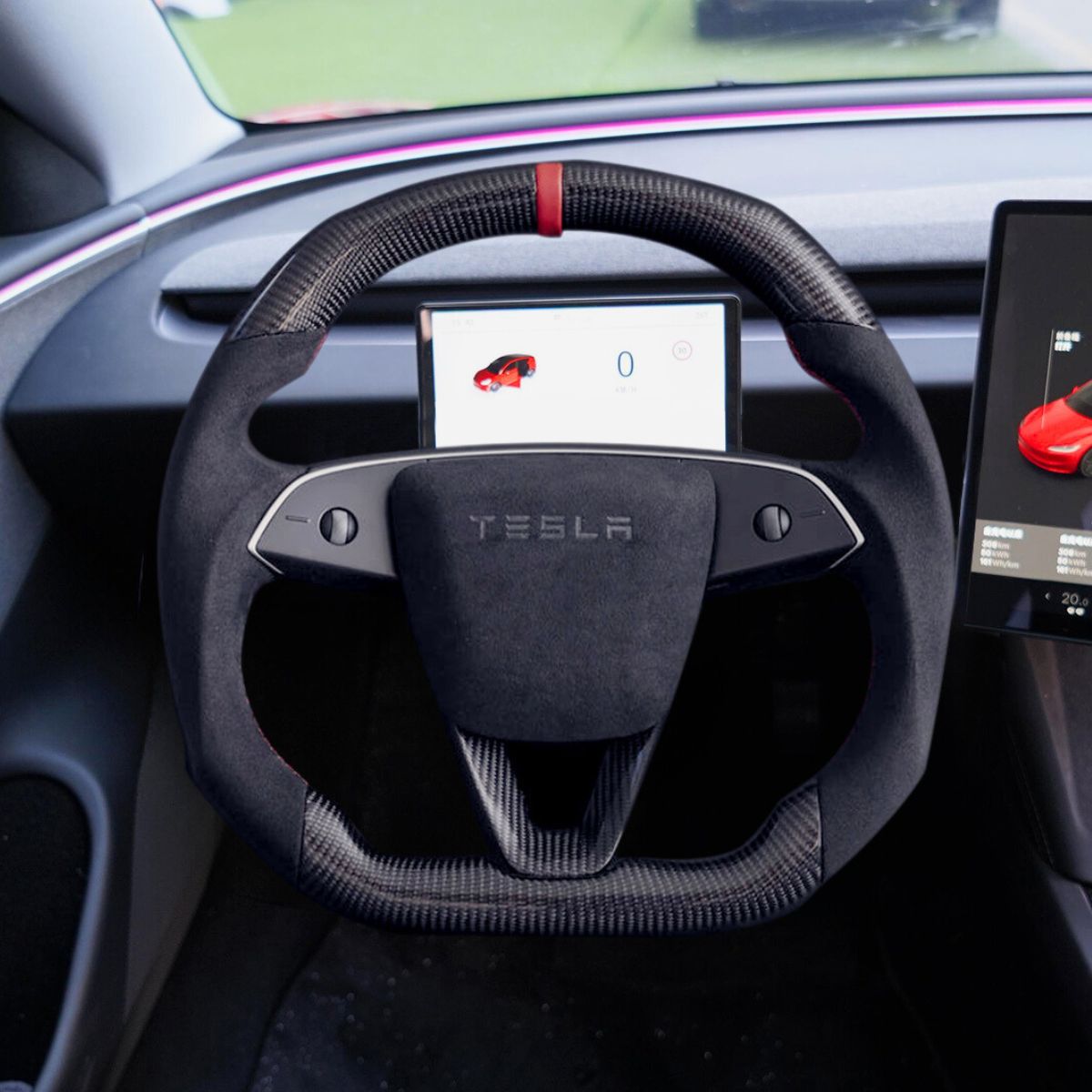 tesery-model-3-highland-sport-carbon-fiber-steering-wheel-153652 TESERY Alcantara Carbon Fiber Steering Wheel for Model 3 Highland / Model Y Juniper - Image 1