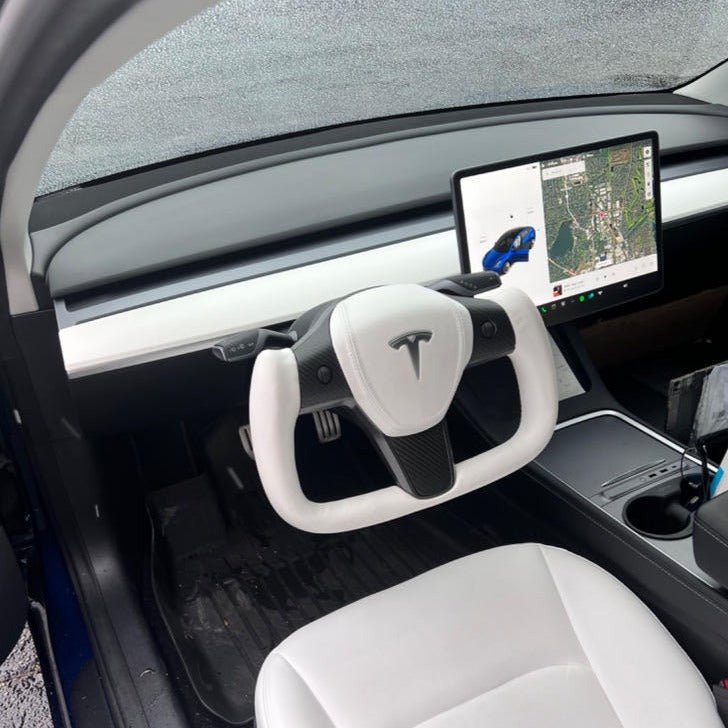 white-leather-yoke-steering-wheel-for-tesla-model-3-y-style-7-291088 White Leather Yoke Steering Wheel for Tesla Model 3 / Y【Style 7】 - Image 1